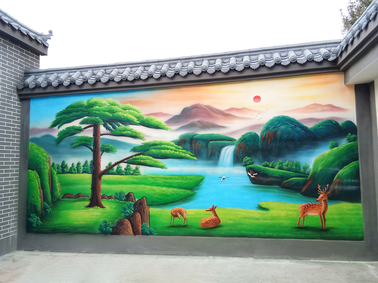 別墅墻繪油畫風(fēng)景迎客松兒時記憶童趣